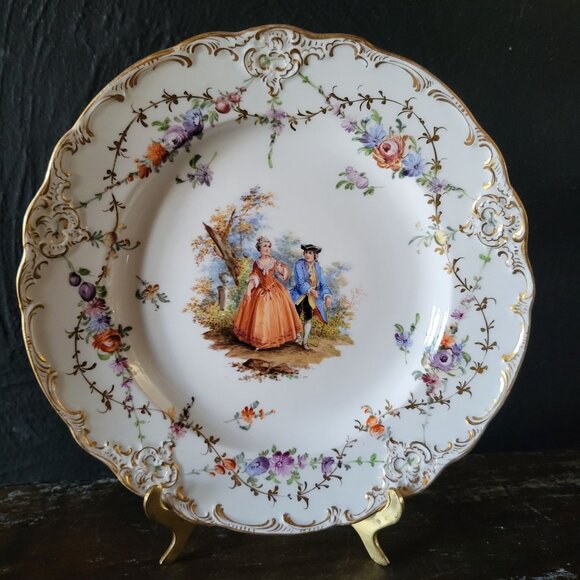 Antique Meissen Deep Plate Courting Couple Romantic Scene Floral Design 8.75" - Picture 1 of 7